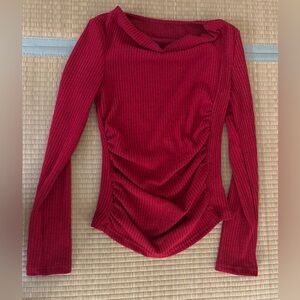 Elegant Red Ribbed Long Sleeve Top